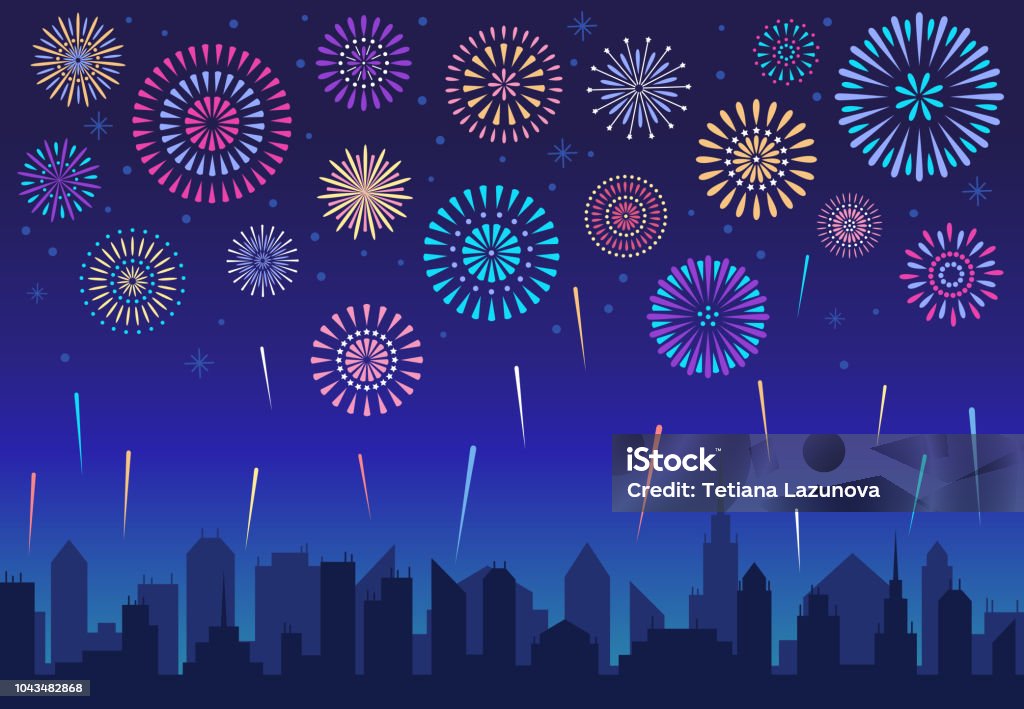 Night city fireworks. Holiday celebration firework, celebrated festive firecracker over town silhouette vector background Night city fireworks. Holiday feast celebration firework, celebrated festive firecracker over town new year, carnival or independence day celebrate silhouette vector background Firework - Explosive Material stock vector