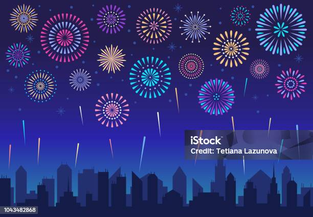 Night City Fireworks Holiday Celebration Firework Celebrated Festive Firecracker Over Town Silhouette Vector Background Stock Illustration - Download Image Now