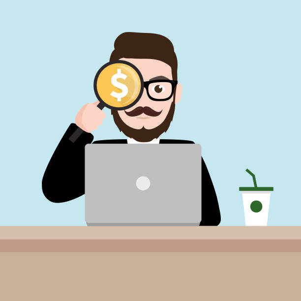 Hipster Businessman looking through a magnifying glass with money focus concept. Hipster Businessman looking through a magnifying glass with money focus concept. currency chasing discovery making money stock illustrations