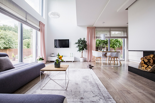 Real photo of a dining area, television and gray couch in open space living room interior