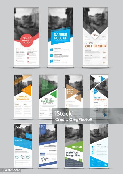 Design Of Vector White Rollup Banners With Round Square Diagonal And Triangular Design Elements And A Place For Photos Stock Illustration - Download Image Now