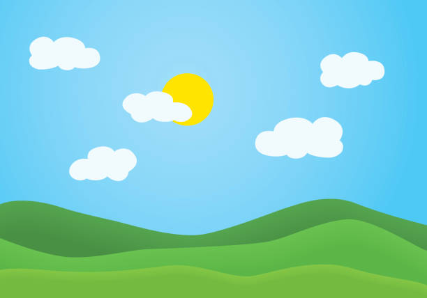 夏の山の風景のイラストをフラット デザイン ベクトルの澄んだ青い空と白い雲、輝く太陽の下で緑の草で覆われた丘で - landscape hill green grass点のイラスト素材／クリップアート素材／マンガ素材／アイコン素材
