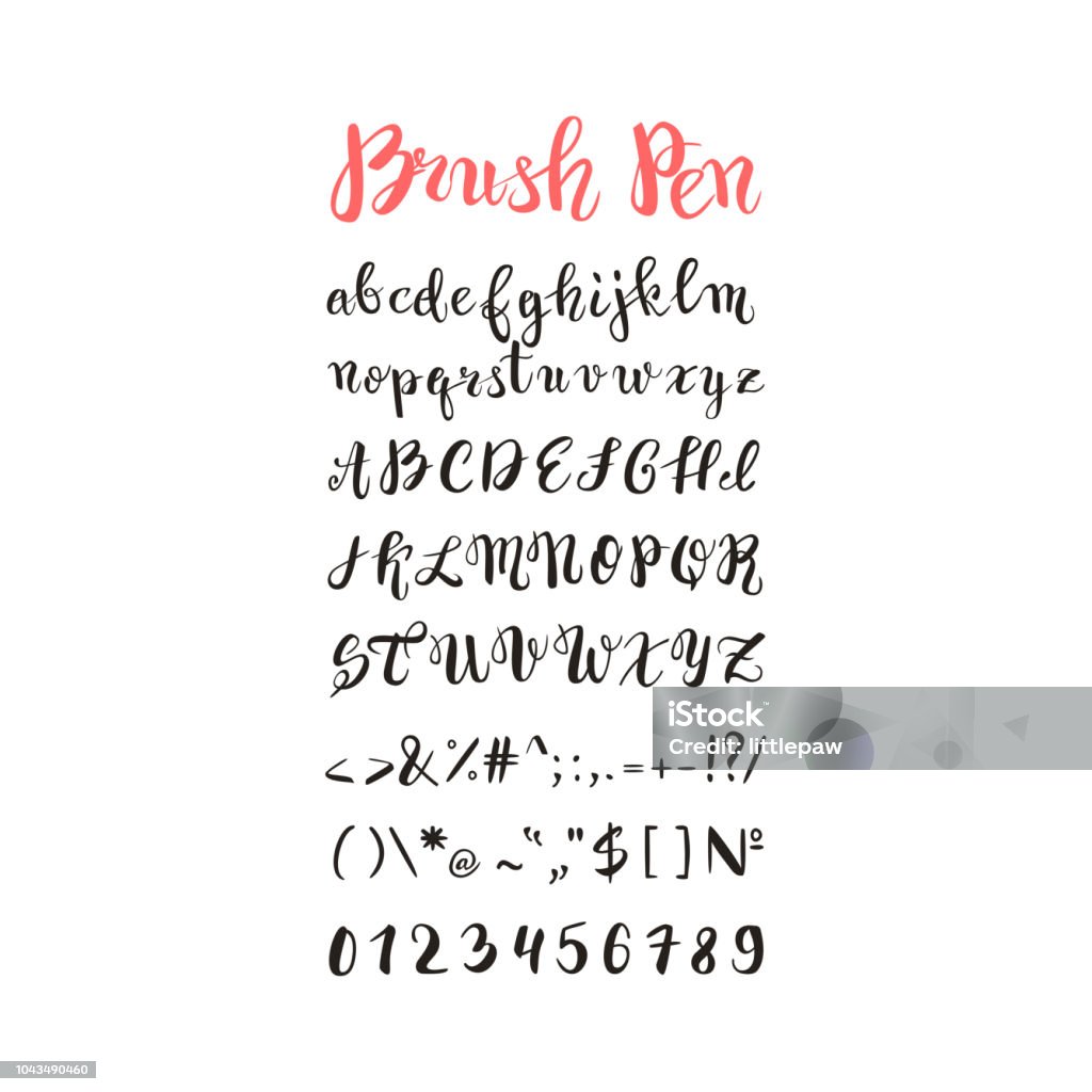 Brush pen handwritten alphabet, letters, numbers and symbols, vector font, handmade, lettering Typescript stock vector