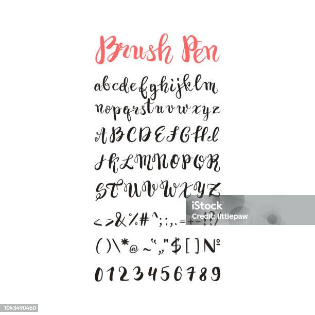 Brush Pen Handwritten Alphabet Letters Numbers And Symbols Vector Font Handmade Lettering Stock Illustration - Download Image Now