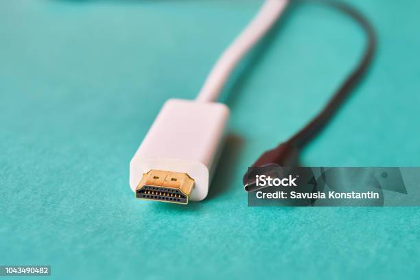 Closeup Of Hdmi And Type C Cable Stock Photo - Download Image Now - Cable, Blue, Close-up