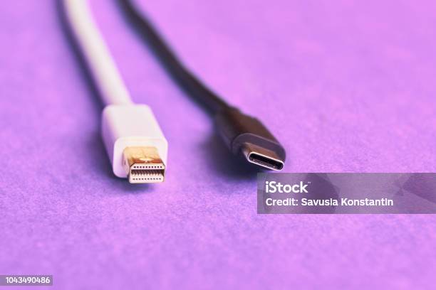 Closeup Of Mini Display And Usb Type C Cables Stock Photo - Download Image Now - Cable, Close-up, Computer