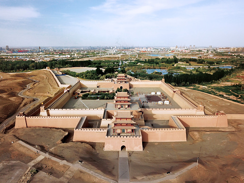 bird's view on Fort Jiayuguan and the city in Gansu Province, China