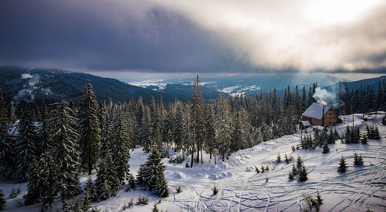 Snowy view in Carpathian Mountains, winter landscapes series.