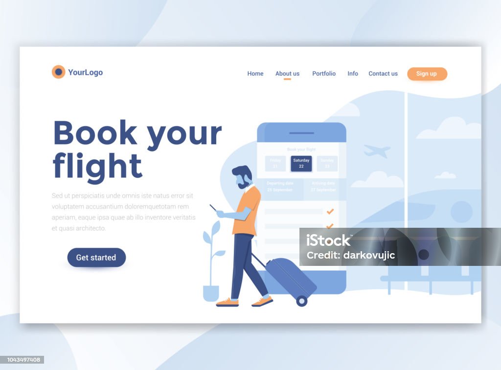 Flat Modern design of website template - Book your flight Landing page template of Book your flight. Modern flat design concept of web page design for website and mobile website. Easy to edit and customize. Vector illustration Travel stock vector