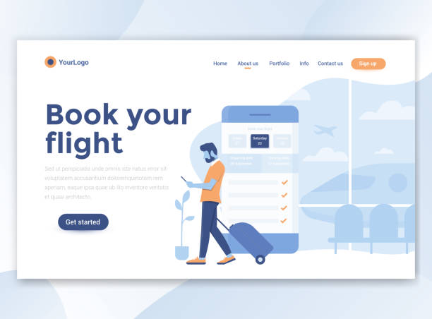 Flat Modern design of website template - Book your flight Landing page template of Book your flight. Modern flat design concept of web page design for website and mobile website. Easy to edit and customize. Vector illustration landing touching down stock illustrations