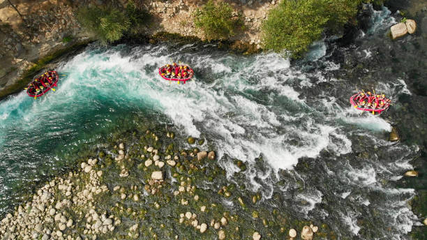 Aerial View of Rafting in River Manavgat River, Antalya, Turkey rafting stock pictures, royalty-free photos & images