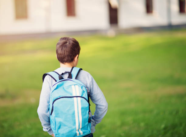 istock Boy with rucksack infront of a school building 1043509438