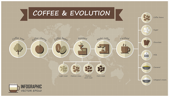 Evolution of coffee infographic elements and grid line with world map background . Food and drink concept . Vector .