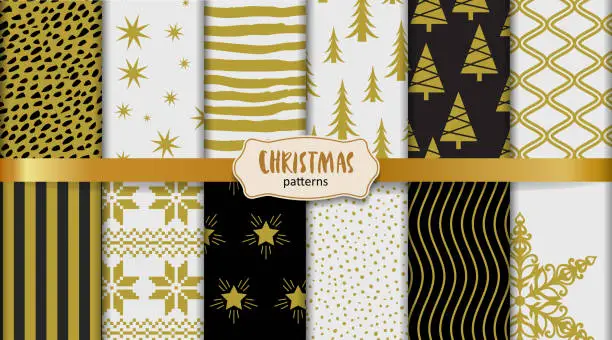 Vector illustration of Christmas patterns. Set of 12 tileable patterns in gold and black colors.