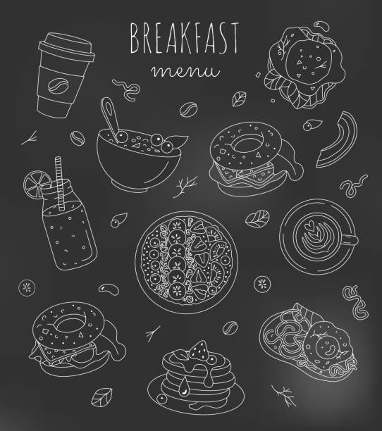 набор иллюстраций для завтрака на меловой доске. здоровый дизайн меню. редактируемый штрих. черный и белый - coffee fried egg breakfast toast stock illustrations