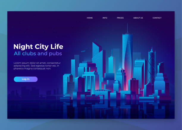 Night city illustration. Landing page concept. Modern city landscape on a dark background with glowing lights. Eps10 vector skyscraper illustrations stock illustrations