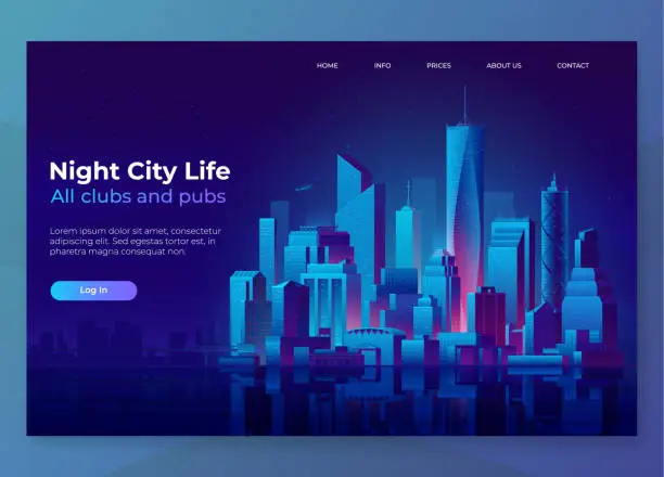 Vector illustration of Night city illustration. Landing page concept. Modern city landscape on a dark background with glowing lights.