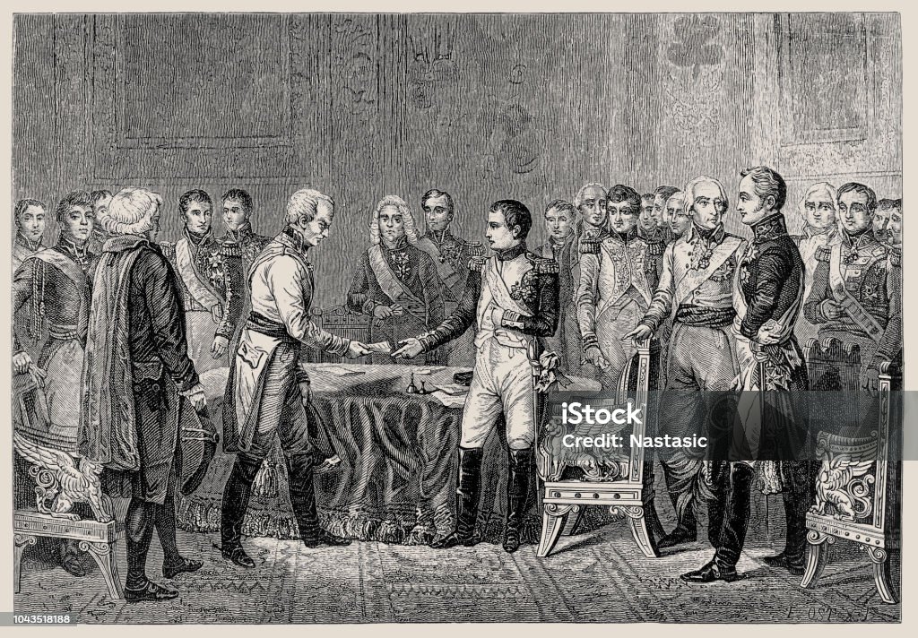 Napoleon I receiving the Austrian Ambassador Vincent, Count Benedetti, at the Congress of Erfurt September-October 1808 Illustration of a Napoleon I receiving the Austrian Ambassador Vincent, at the Congress of Erfurt September-October 1808 Congress stock illustration