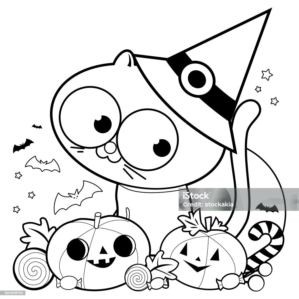 Halloween cat, pumpkins and treats. Black and white coloring book page Halloween with witch hat, pumpkins and candy. Vector black and white illustration Halloween stock vector