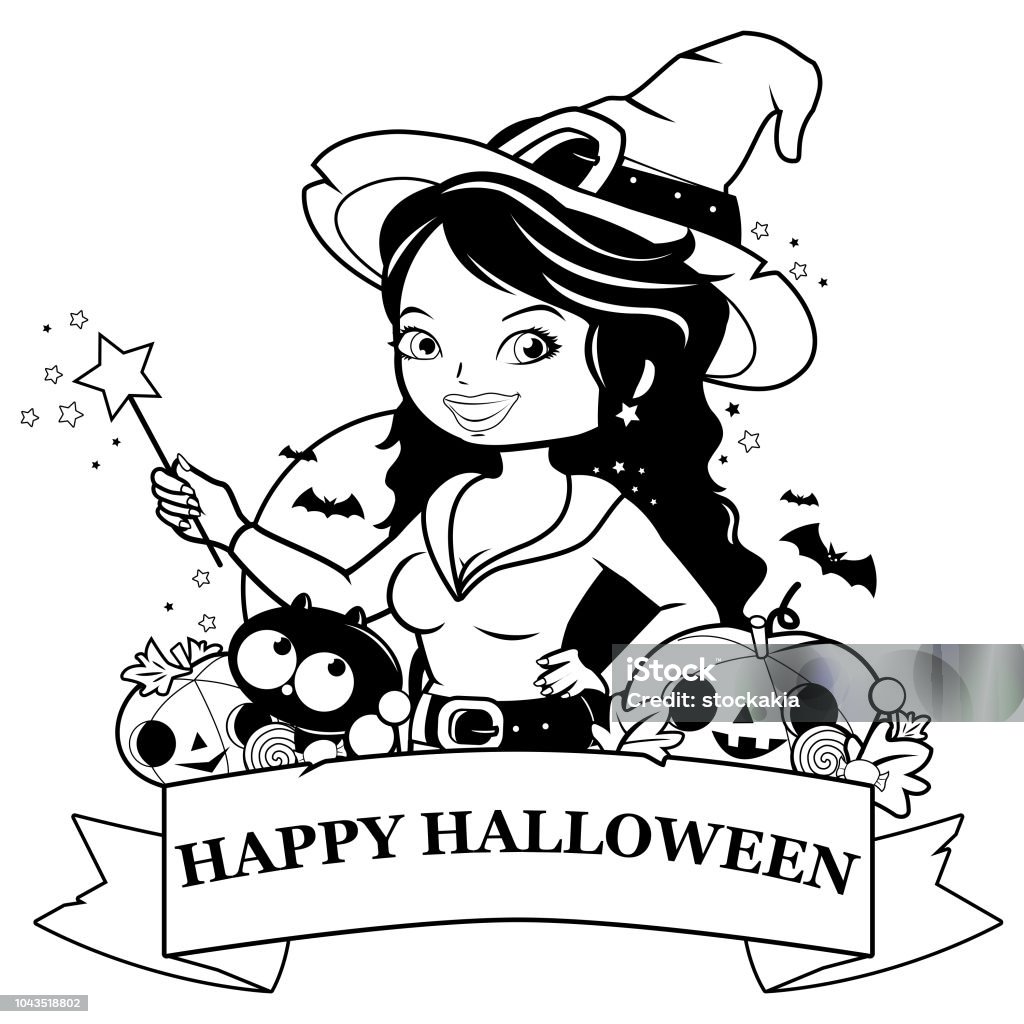 Halloween witch, pumpkins and treats. Black and white coloring book page Halloween witch holding her magic wand, pumpkins and candy. Vector black and white illustration Halloween stock vector