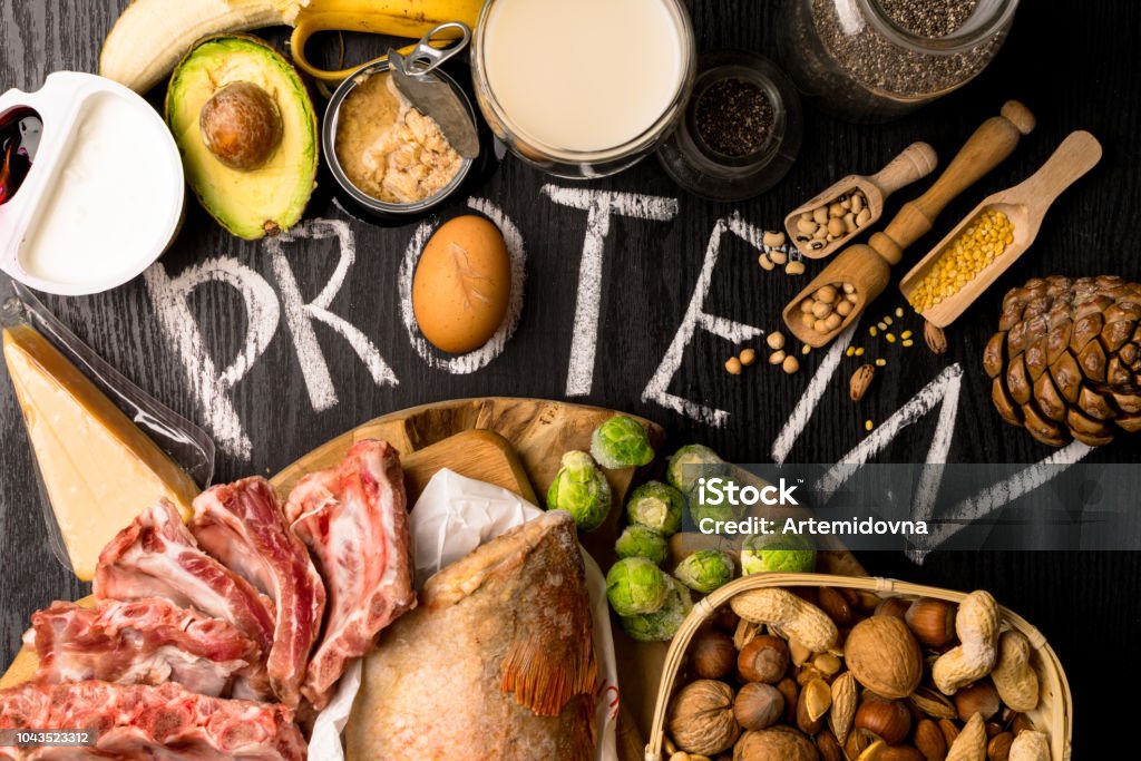 Najlepsze pokarmy bogate w białko. Koncepcja zdrowego odżywiania i diety - Zbiór zdjęć royalty-free (Białko)