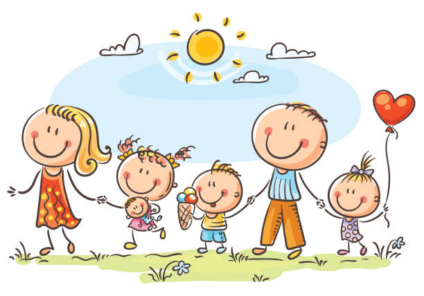 Happy Family With Three Children Walking Outdoors Stock Illustration -  Download Image Now - Family with Three Children, Child, Family - iStock