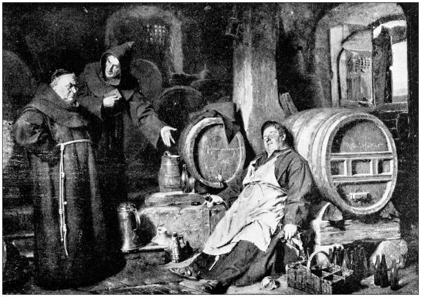 ilustrações de stock, clip art, desenhos animados e ícones de antique painting illustration: drunk monk sleeping - cave painting