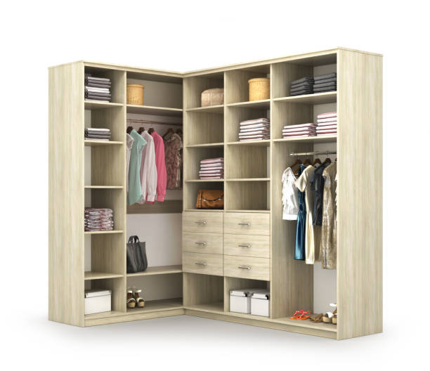 Wardrobe. Open closet with things. 3d illustration Wardrobe. Open closet with things. 3d illustration cloakroom stock pictures, royalty-free photos & images