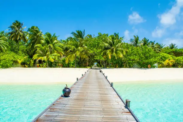 Beautiful landscape of over water wooden bridge to sandy beach with palms and tropical plants, Maldives island, Indian Ocean