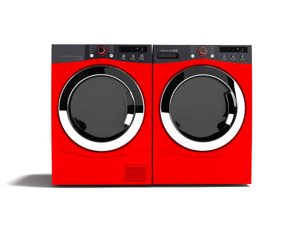 istock Red washing machine and drying laundry for home use 3d render on white background with shadow 1043547034