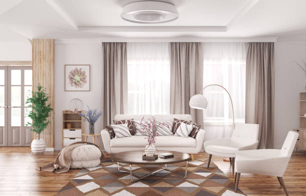 interno del moderno soggiorno rendering 3d - chair coffee table curtain floor foto e immagini stock