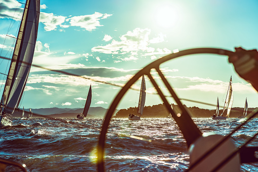 Boat deck POV from a sailboat during a regatta. event Property released. Taken by Sony a7R II, 42 Mpix.