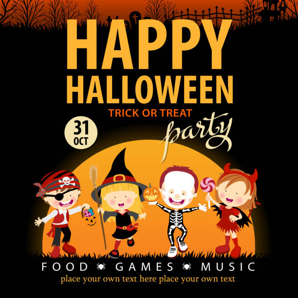 Kids Halloween Party Come and join the kids costume party for the night of Halloween period costume stock illustrations