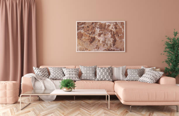 interno del soggiorno con divano rendering 3d - nobody sign indoors ideas foto e immagini stock