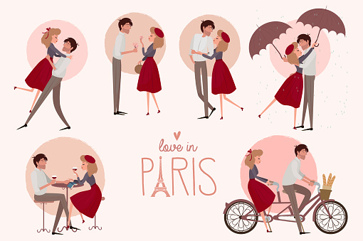 Set of characters. Love story in Paris with a lover couple in different poses. Editable vector illustration