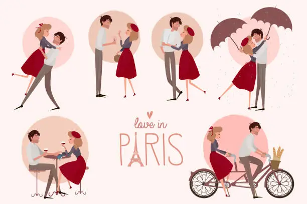 Vector illustration of Set of characters. Love story in Paris with a lover couple in different poses