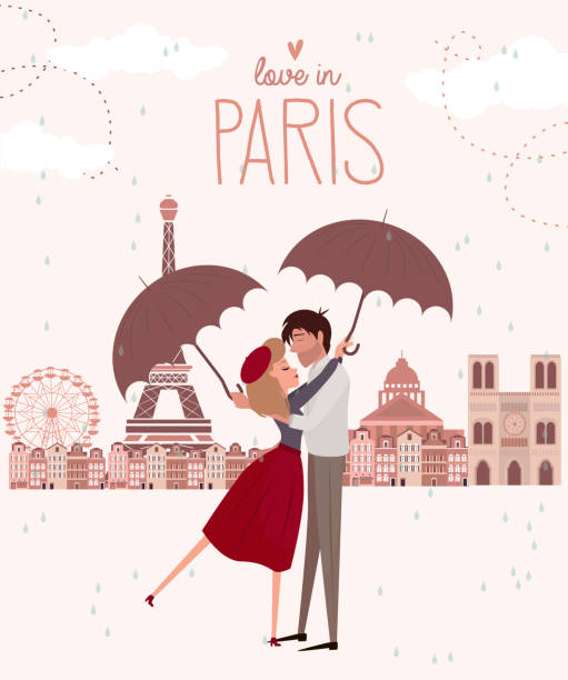 illustrazioni stock, clip art, cartoni animati e icone di tendenza di storia d'amore a parigi con una coppia di amanti - couple kiss