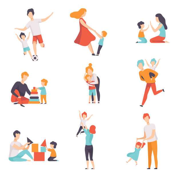 Parents and their kids having good time together set, Mom and Dad playing, doing sports, having fun with their children vector Illustrations on a white background. Parents and their kids having good time together set, Mom and Dad playing, doing sports, having fun with their children vector Illustrations isolated on a white background. activity illustrations stock illustrations