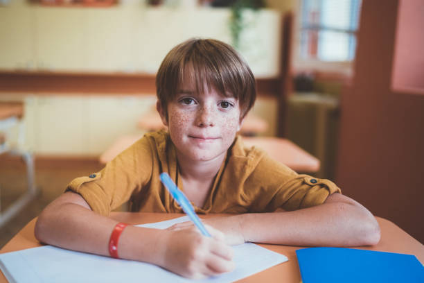 Portrait of smiling schoolboy with freckles in the classroom Schoolboy in the classroom writing in the notebook primary school exams stock pictures, royalty-free photos & images