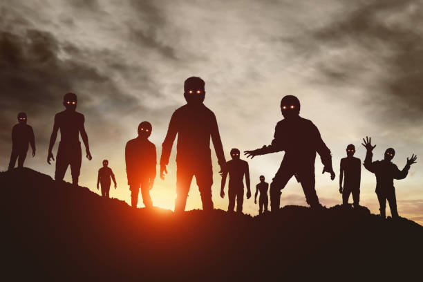 gruppe von zombies silhouette - apocalypse date stock-fotos und bilder