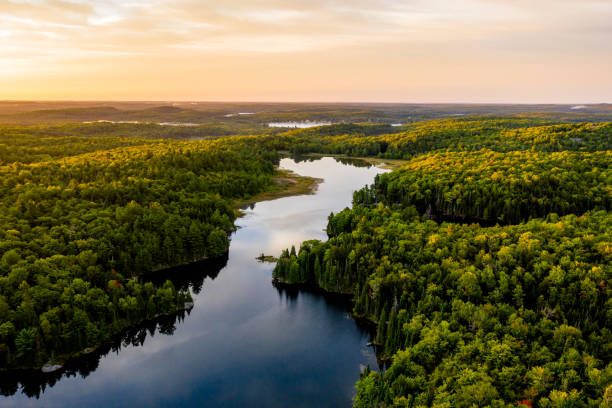 Sunrise on a lake Lake in warm morning light from an aerial view land of lakes stock pictures, royalty-free photos & images