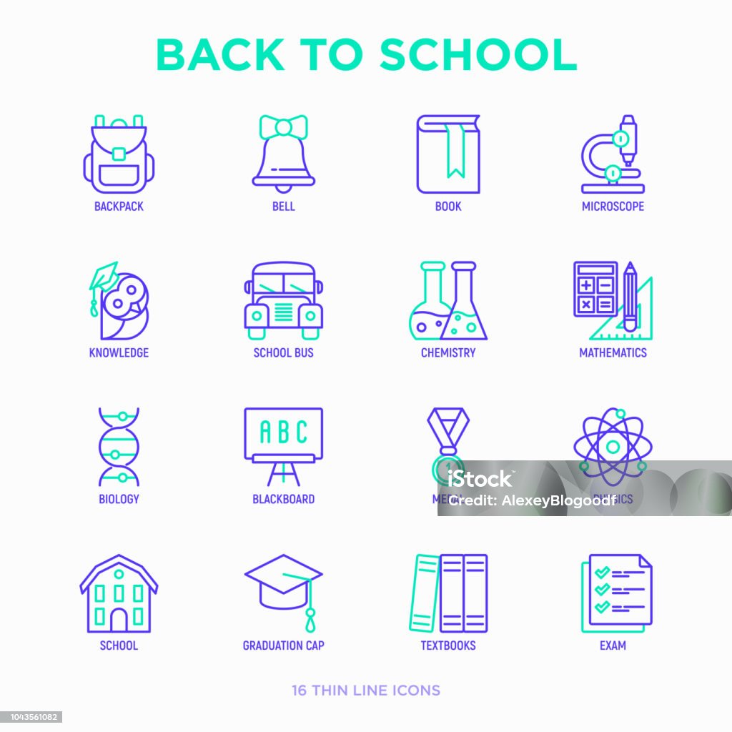 Back To School Thin Line Icons Set Backpack Bell Book Microscope Knowledge  Owl Graduation Cap Bus Chemistry Mathematics Biology Blackboard Physics  Exam Modern Vector Illustration Stock Illustration - Download Image Now -  iStock