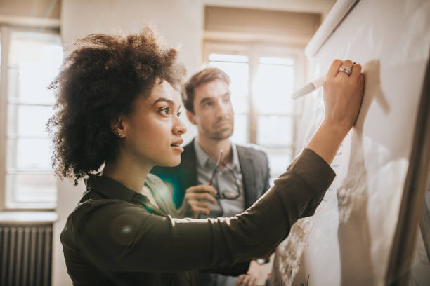 istock Young colleagues drawing a business plan on whiteboard in the office. 1043564558