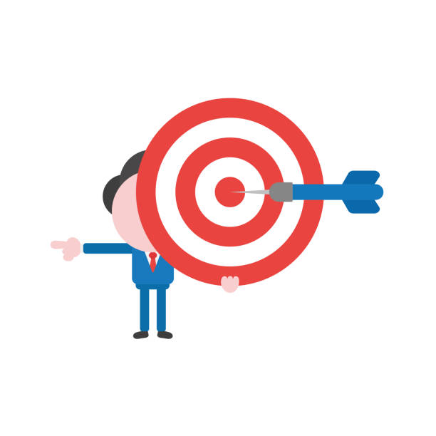 ilustrações de stock, clip art, desenhos animados e ícones de vector businessman character holding bulls eye with dart in the center and pointing - bulls eye dart target dartboard