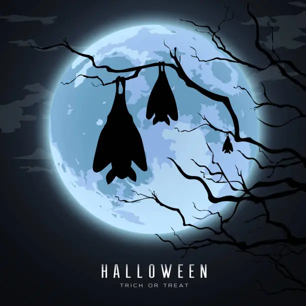 Vector illustration of Happy Halloween, sleeping bat in tree on moon night background