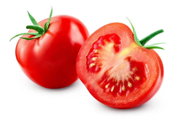 istock Tomatoes isolated on white. Tomato with slice. Full depth of field. With clipping path. 1043573026