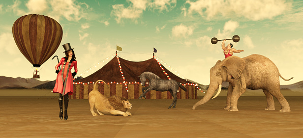 Circus Performers including elephants, horses and lions