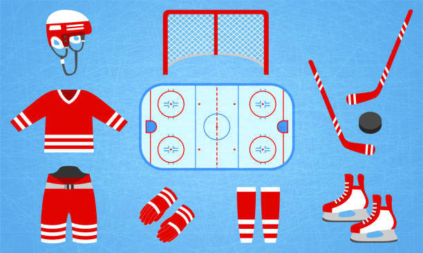 коллекция хоккейного оборудования. векторная иллюстрация. изолированные иконы для конструкций зимних видов спорта. хоккейная шайба, клюшк - white denmark nordic countries winter stock illustrations