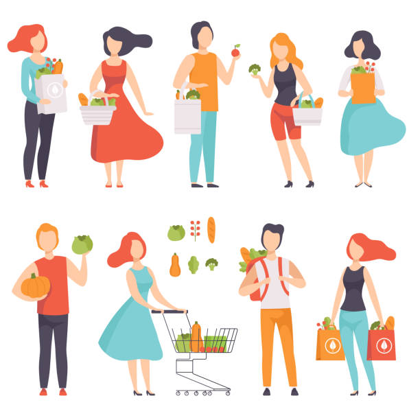 ilustrações de stock, clip art, desenhos animados e ícones de people with bags with healthy food, men and women doing shopping at the grocery shop vector illustration on a white background - zucchini vegetable squash market