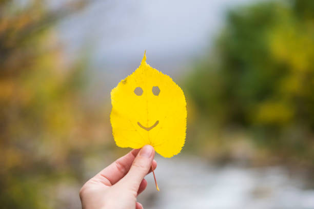 istock Autumn leaf emoji, smiley in a hand 1043577068